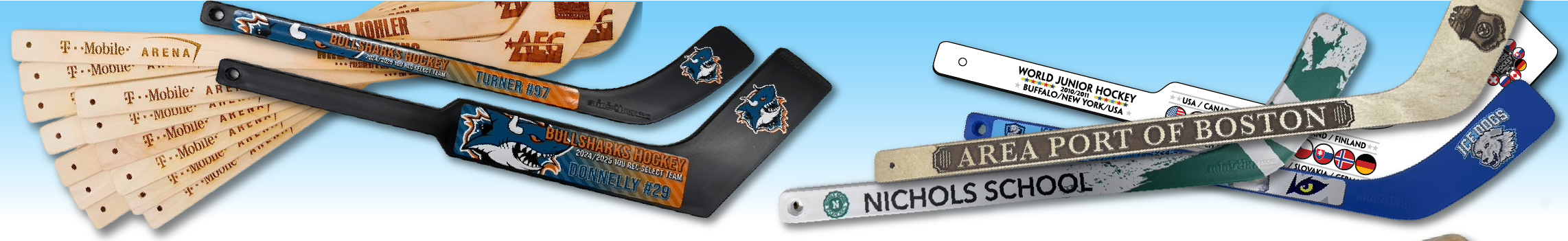 Examples of custom printed and engraved mini hockey sticks for teams, organizations and events