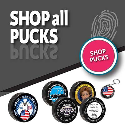 Custom printed hockey pucks and logo printed game pucks. Blank hockey pucks and bulk hockey pucks.